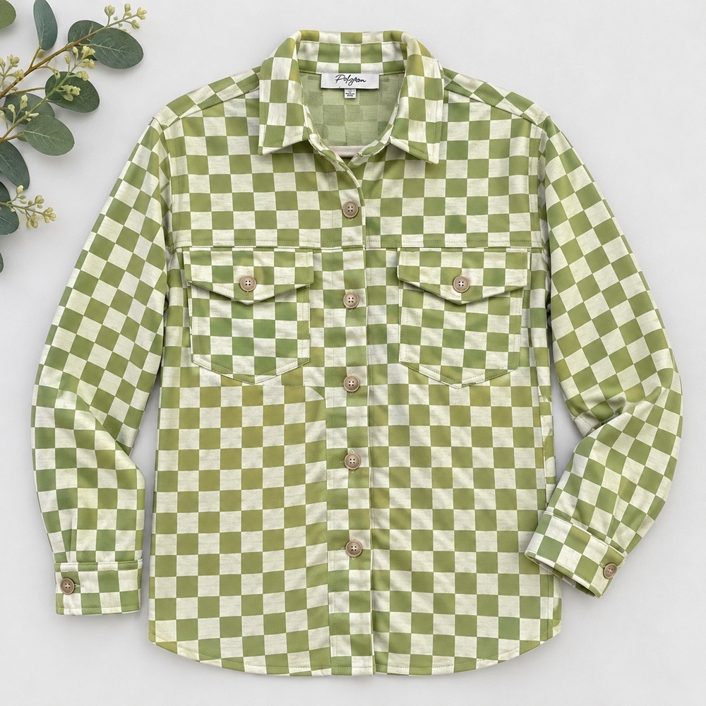Pologram Green Cream Checkerboard Utility Shirt Jacket Small Streetwear Casual
